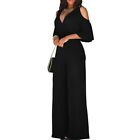 Women High Waisted Cold Shoulder Sleeve V Neck Wide Leg Pants Party Sexy Jumpsui