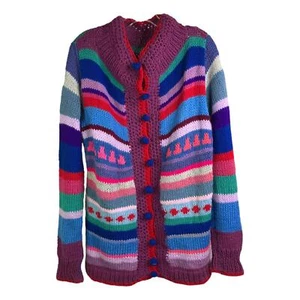 Cardigan Womens Sz L Purple Multi-Color Knit Striped Pom-Pom Button-Up Sweater - Picture 1 of 7