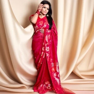 BOLLYWOOD INDIAN PAKISTANI ETHNIC PARTY WEAR SOFT PURE LINEN SAREE/SARI - Picture 1 of 3