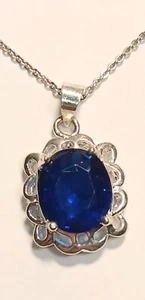 Vintage Sterling Silver And Lab Sapphire Pendant Necklace 18" Long - Picture 1 of 4