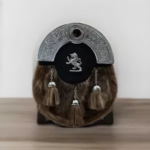Scottish Kilt Brown Goat Skin Full Dress Sporran Celtic Antique Chrome Cantel - Picture 1 of 13