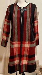 Kasper Long Cardigan Buckle, Stripes, & Tartan Plaid Red Black Gray Beige MED - Picture 1 of 8