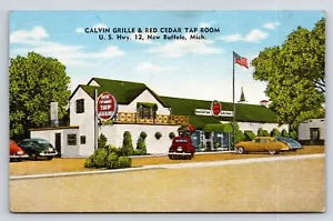 Postkarte Calvingrill & rote Zedern Wasserhahn Raum, Bar, neu Buffalo, Michigan Vintage Autos - Bild 1 von 2