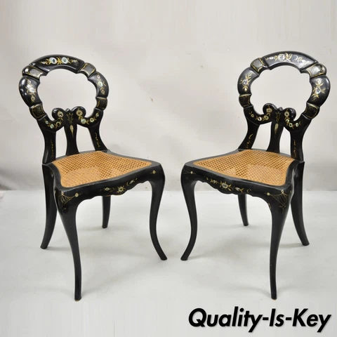 Antique English Regency Mother of Pearl Inlay Black Ebonized Side Chair - a Pair Cover