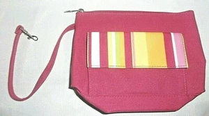 Lancôme Cosmetic Bag Fuchsia Pink w stripe pocket Zip Close Wristlet Strap EUC - Picture 1 of 3