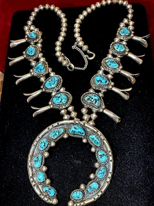 Vintage Navajo Naja Blüte Indianer Silber Türkis Bauer Anhänger Halskette - Bild 1 von 20