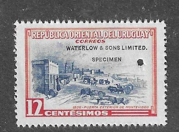 Uruguay 1954, 12c Outer Gate, trial color, WATERLOW SPECIMEN ovpt., NH #613 - Image 1 of 1