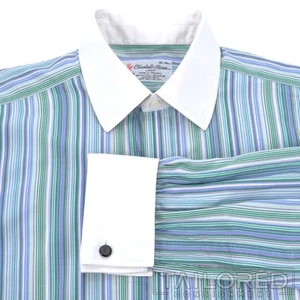 TURNBULL & ASSER Green Striped 100% Cotton French Cuff Luxury Dress Shirt - 16 - Picture 1 of 7