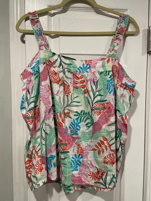 Cynthia Rowley Size L Smocked Strap 100% Linen Tropical Pearl Button Back Top - Image 1 of 4