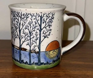 Vintage Otagiri Speckled Stoneware Coffee Mug Cup Lanscape Trees Water PRETTY - Picture 1 of 6
