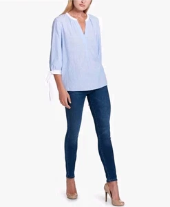 Tommy Hilfiger Blouse Womens Size XL Blue White Striped Top Tie-Sleeve NWT - Picture 1 of 16