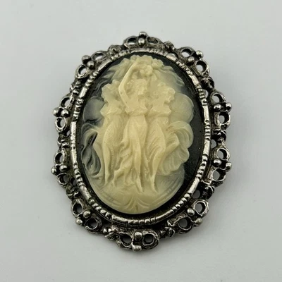1960s VTG Resin Cameo Brooch Three Graces Silvertone Filigree Frame Costume Pin - Image 1 of 4