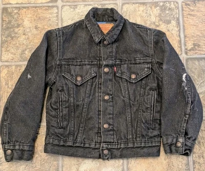 Levis Denim Jean Jacket Black /flannel lining m/I USA Youth 10 Skull Art painted - Image 1 of 4