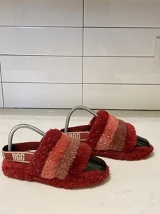 UGG Fluff Yeah Metallic Sparkle Youth Size 4 Red Slipper Model 1125952K - Picture 1 of 7