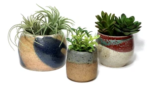 Artist Signed Hand Crafted Pottery Planters Brown Red Blue Set 3 - Picture 1 of 12