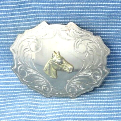 Cowboy Western Horse & Scroll Belt Buckle Nickel Plated Brass Vintage 80s  .B-65 - Image 1 of 4