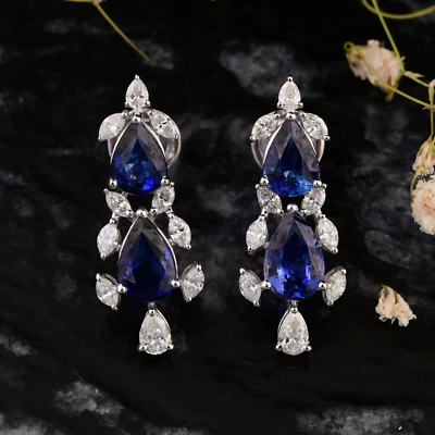 5.90 Tcw Natural SI/H Pear Diamond Blue Sapphire Dangle Earrings 14k White Gold - Image 1 of 4