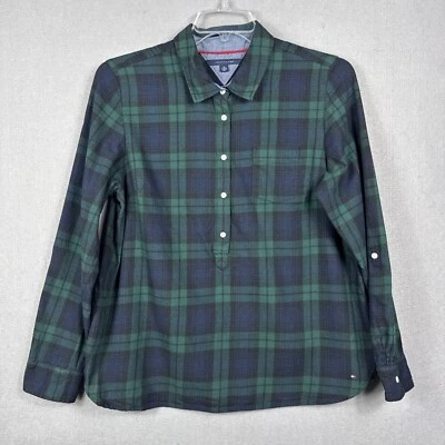 Camisa feminina Tommy Hilfiger XL flanela botão azul/verde xadrez manga longa - Imagem 1 de 4