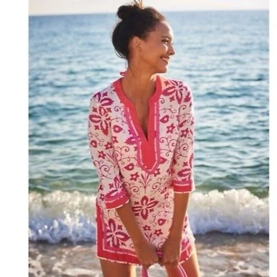 Boden Cleo Kaftan Tunic Cover-Up Mini-Dress Top White Pink Floral Size 6R Women - Image 1 of 4