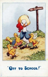 PRINTED CHILDREN'S POSTCARD DUCKS "OFF TO SCHOOL", BY FREDA ROSE, PUB. J SALMON - Picture 1 of 2