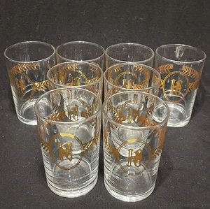 8 Vtg MCM Monogram Juice Glasses/ Mad Men Gold Letter H Laurel Design - Picture 1 of 5