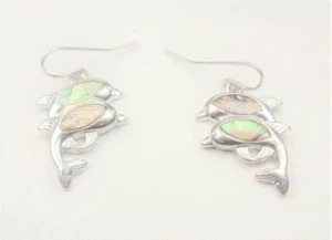 BEACH FASHION TWIN DOLPHINS ABALONE RHODIUM NAUTICAL SEA LIFE FISH HOOK EARRINGS - Picture 1 of 1