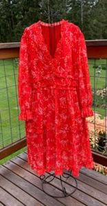 Beautiful Women's size 2XL Red/Orange Floral Long Sleeve V-Neck Back Zip Dress - Picture 1 of 10