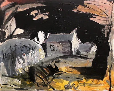 Surrealismo Casa Terror Paisaje Moderno Pintura al Óleo Lienzo Original 16x20 BVC  Foto 1 de 4