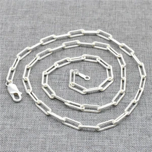 925 Sterling Silver Paper Clip Chain Rectangle Drawn Lobster Cable Necklace Gift - Picture 1 of 5