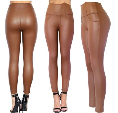 Women's Crown High Waist Stretchy Faux Leather Leggings Sexy High Pants - Image 1 of 4