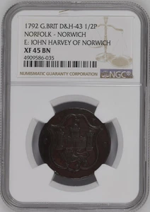 1792 Great Britain D&H-43 1/2 Penny Norfolk Norwich - NGC XF 45 BN - Picture 1 of 4