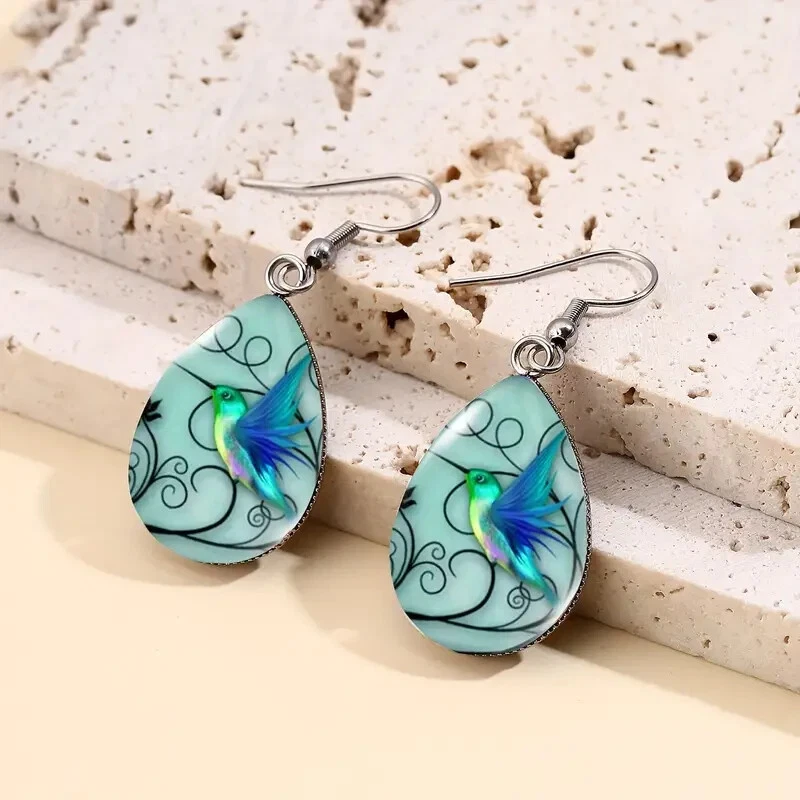 Fashion Women Hummingbird Pattern Water Drop Glass Gemstone Dangle Earrings New - Image 1 of 3