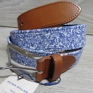 PETER MILLAR Mens 36 BELT WOVEN LEATHER BLUE WHITE GOLF CLUB BALL PRINT MF22A34 - Picture 1 of 10