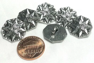 6 Octagonal 8-Point Star Shiny Silver Tone Metal Shank Buttons 11/16" 17mm 12609 - Image 1 of 3