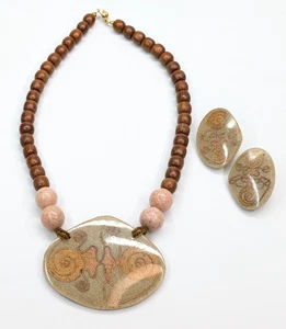 Vintage Mosaik Stein Kupferdraht Holz Perlen 19" Halskette & Ohrringe Set Boho - Bild 1 von 7