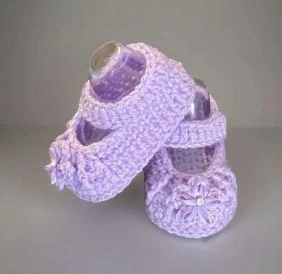 Lindos botines de ganchillo hechos a mano para bebé niña zapatos 0-3 meses púrpura claro Foto 1 de 4