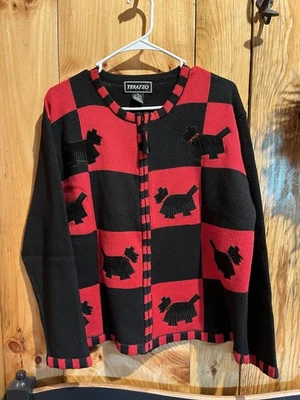Cárdigan para mujer Terazzo rojo y negro con cremallera completa con perros escoceses talla XL Foto 1 de 4