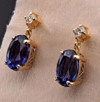 2Ct Oval Cut Lab Created Sapphire Drop/Dangle Engagement 14k Gold FN Earrings - Image 1 of 4