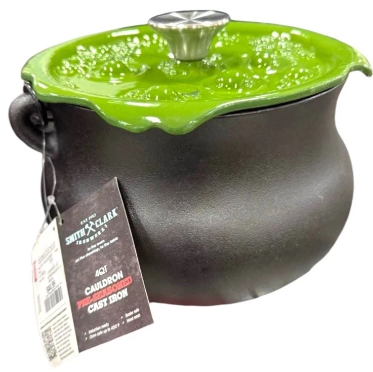 Smith & Clark Black Cast Iron Pot Cauldron New 4qt Halloween Decor Boiling Lid - Image 1 of 1