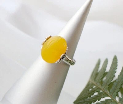 Anello In Chalcedon Giallo Ovale Solitario In Argento Sterling 925 Regolabile - Immagine 1 di 4