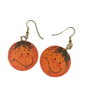 Pendientes Halloween Calabaza Sonriente Madera Pintado a Mano Gancho Trasero De Colección - Imagen 1 de 5