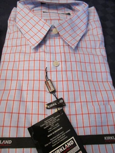 NWT KIRKLAND 80/2 NON-IRON SPREAD COLLAR DRESS SHIRT BLUE/ORANGE PLAID 16 34 - Picture 1 of 2