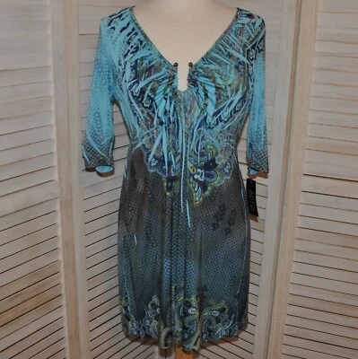 Nuevo con etiquetas Vestido Apt 9 Fit & Flare Para Mujer Mediano Paisley Azul Verde Top Largo Manga 3/4 Foto 1 de 4