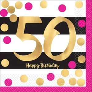 "50" Hot-Stamped Beverage Napkins 16pcs Happy Birthday Pink, Gold, White, Black - Picture 1 of 4