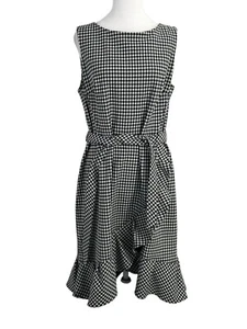 Abito tubino Calvin Klein nero bianco Gingham a quadri elasticizzato con volant taglia 14 - Foto 1 di 13