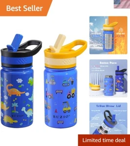 2 Pack Insulated Kids Water Bottles - 14oz Leakproof Stainless Steel with Straw - Picture 1 of 11