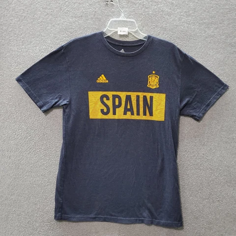 Spain National Football Men T-Shirt Medium Blue Adidas Logo Graphic Short Sleeve Cover