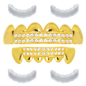 Hip Hop 2 Row Iced GRILLZ SET Gold Tone Top Bottom Teeth Caps LS 610 G 2 ext Bar - Picture 1 of 4