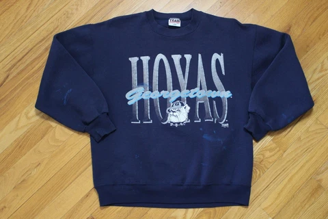 Vintage 90s Georgetown Hoyas Crewneck Sweatshirt Size Large Big Graphic Blue Cover