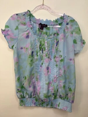 Blusa informal Gloria Vanderbilt azul floral botón cintura elástica para mujer talla PM Foto 1 de 4